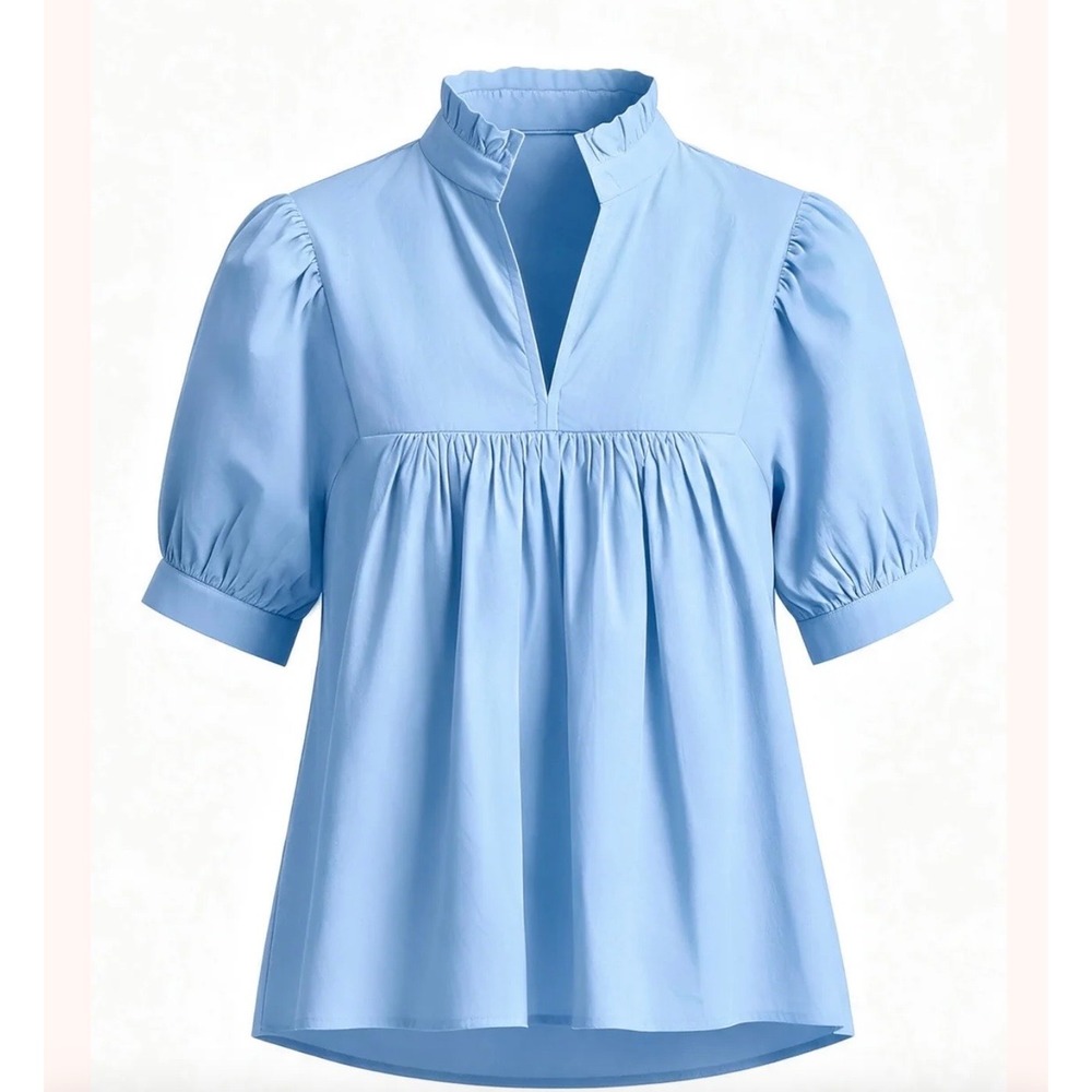 Cicy Bell Sky Blue Cotton Puff Sleeve Ruffle Collar Babydoll Blouse Shirt